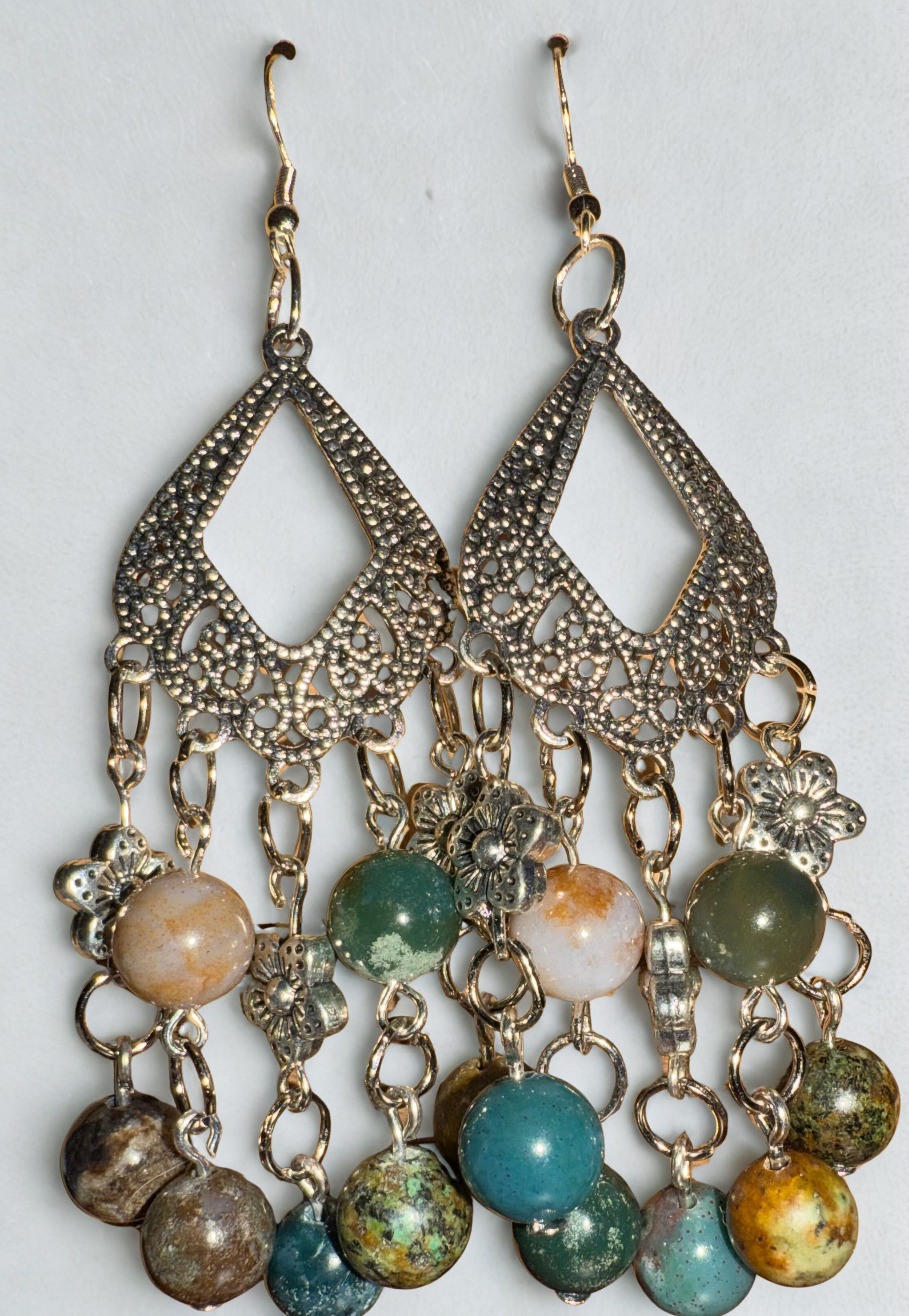 Silver Bohemian Chandelier Earrings with Multicolored Glass Bead