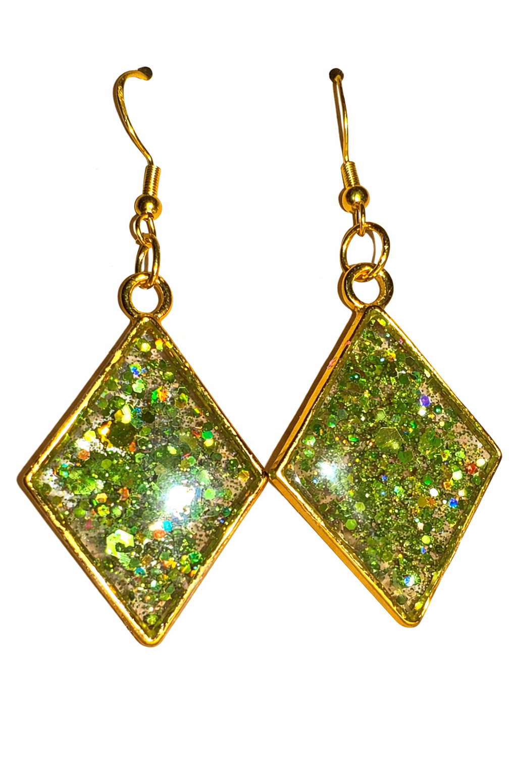Gold Diamond Shaped Bezel with Spring Green Resin Earrings