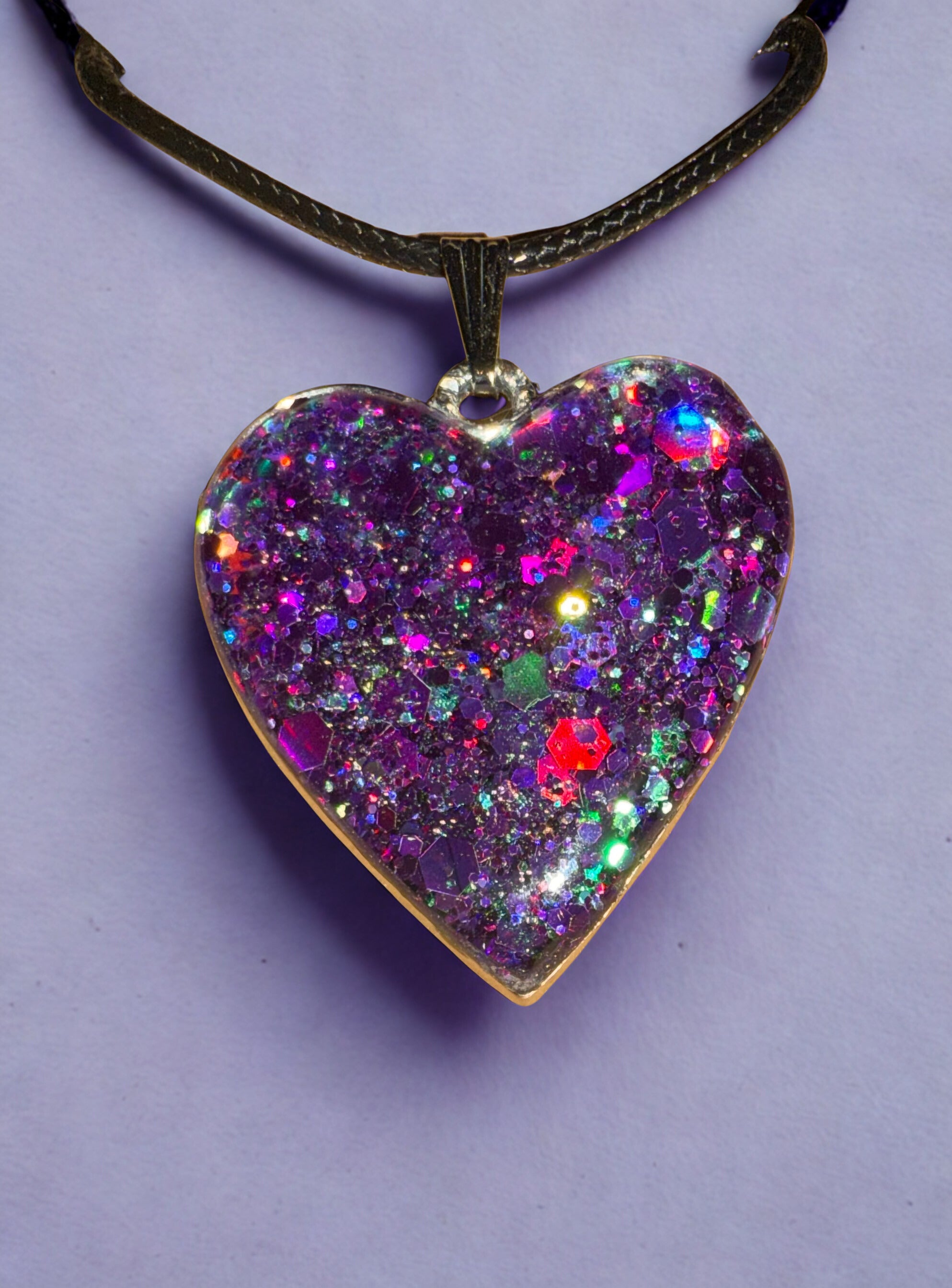 Glitter Heart Pendant Necklace – Multicolor Resin & Silver Frame