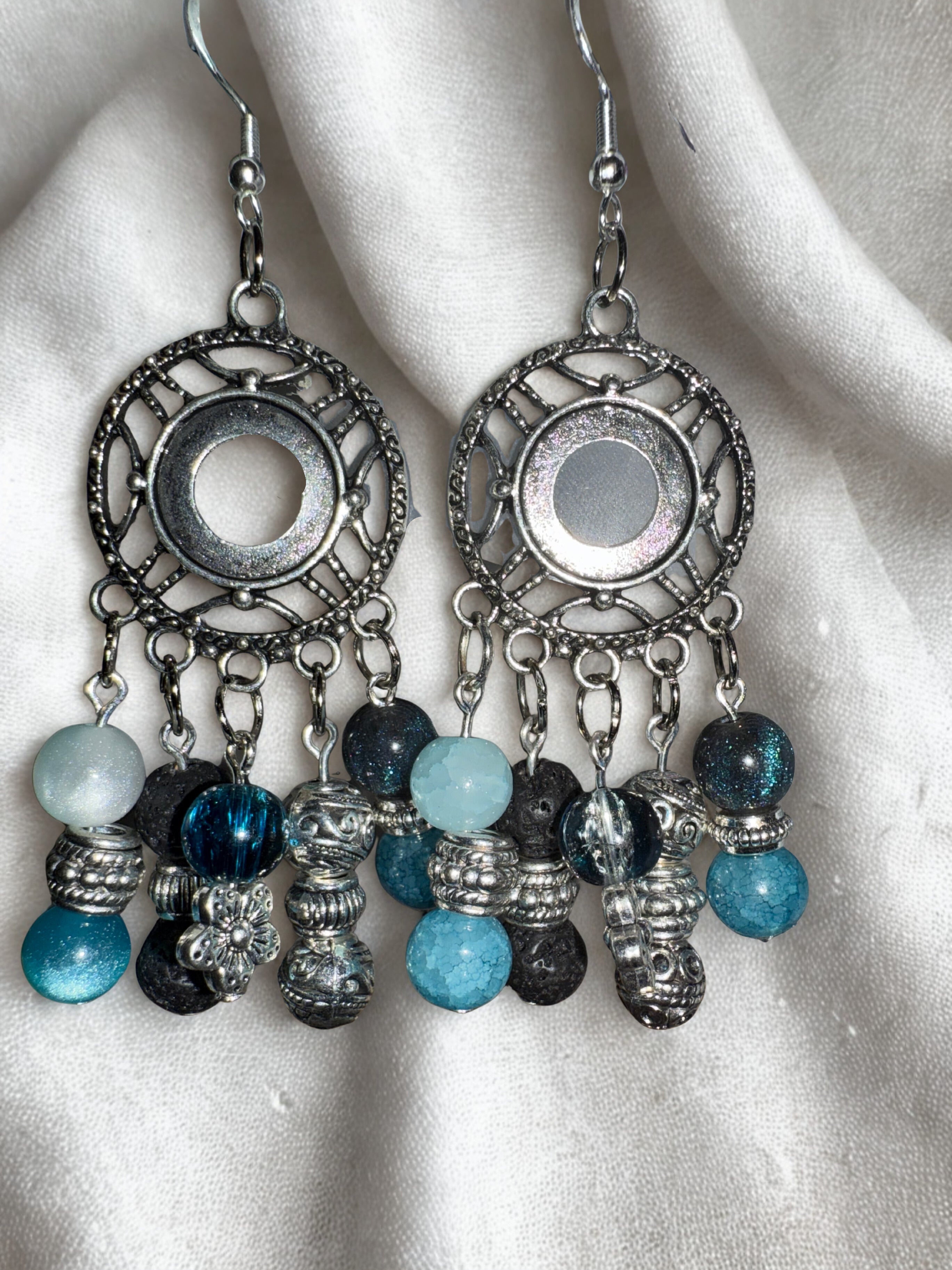 Silver Chandelier Earrings with Teal and Silver Beads