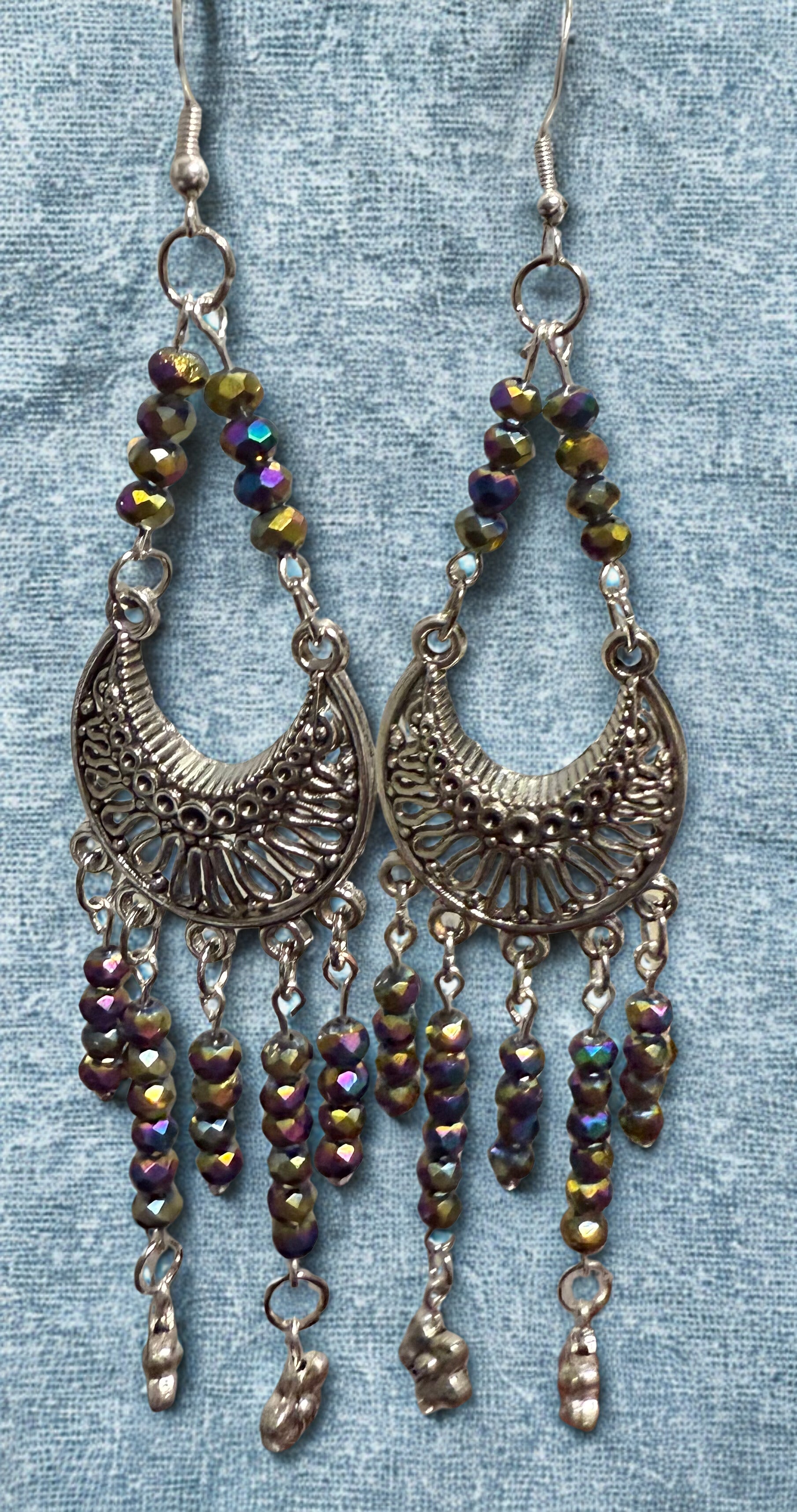 Handmade Crescent Drop Earrings – Metallic & Faceted Beads
